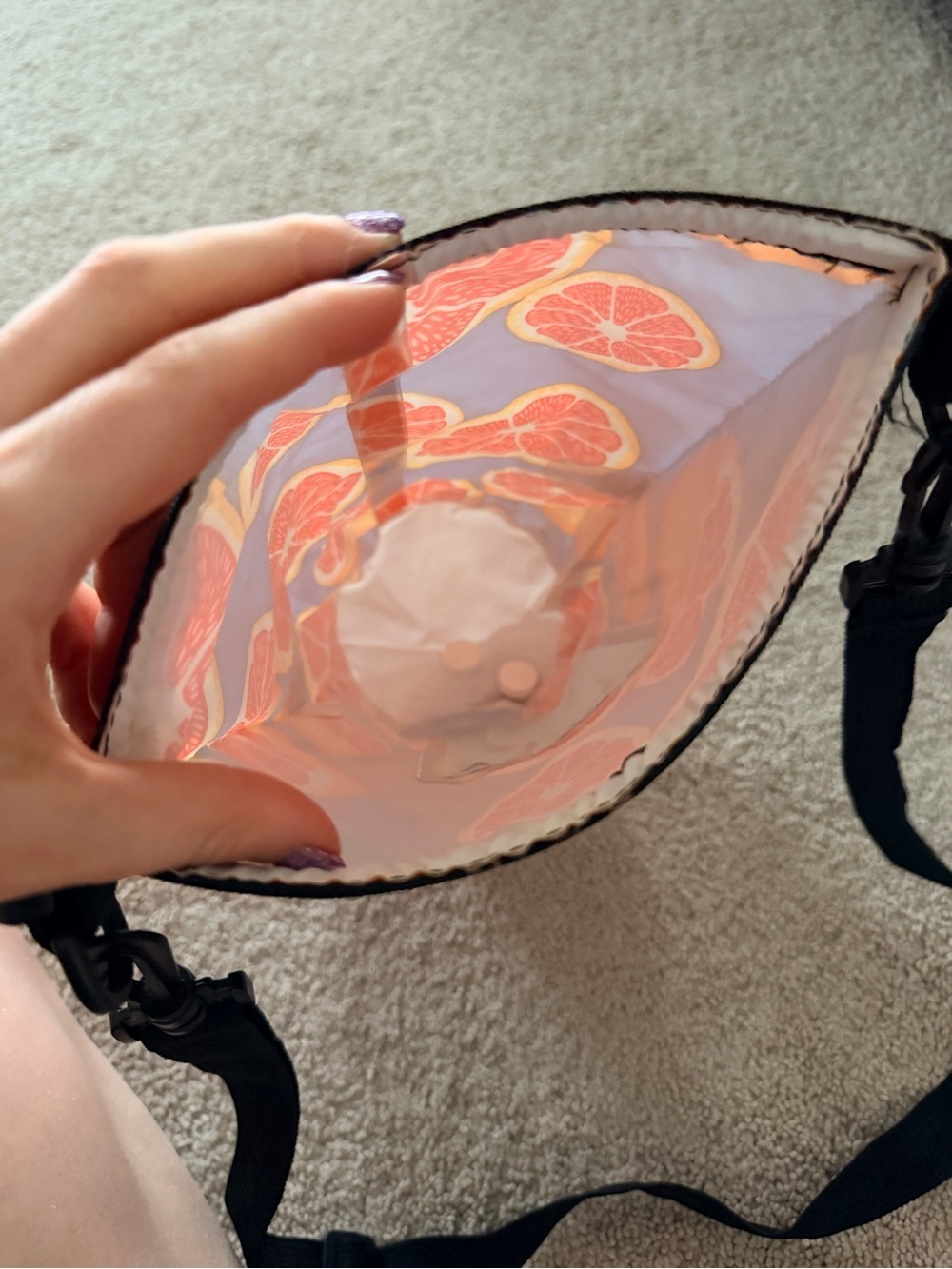 Crossbody Water Bottle Pouch Bag in Purple with Citrus Print - Picture 6 of 8